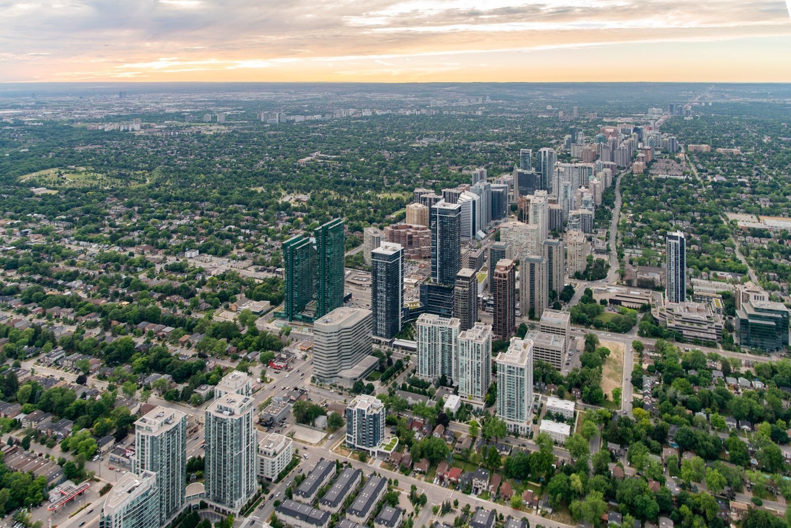 Aerial of Yonge & Sheppard, North York, near 53 Sheppard Ave W at golden hour