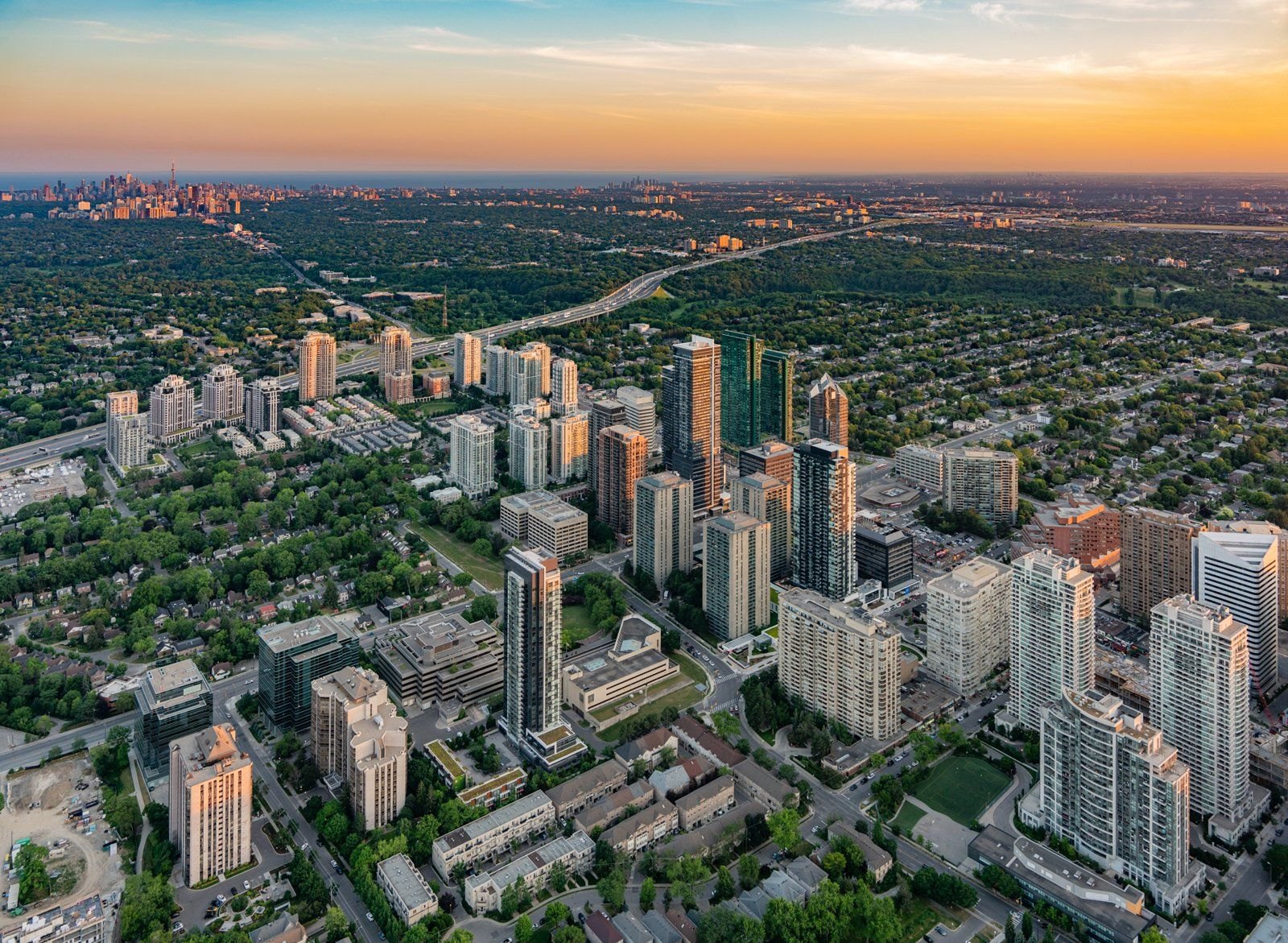 Aerial of the Yonge & Sheppard corridor in North York at golden hour