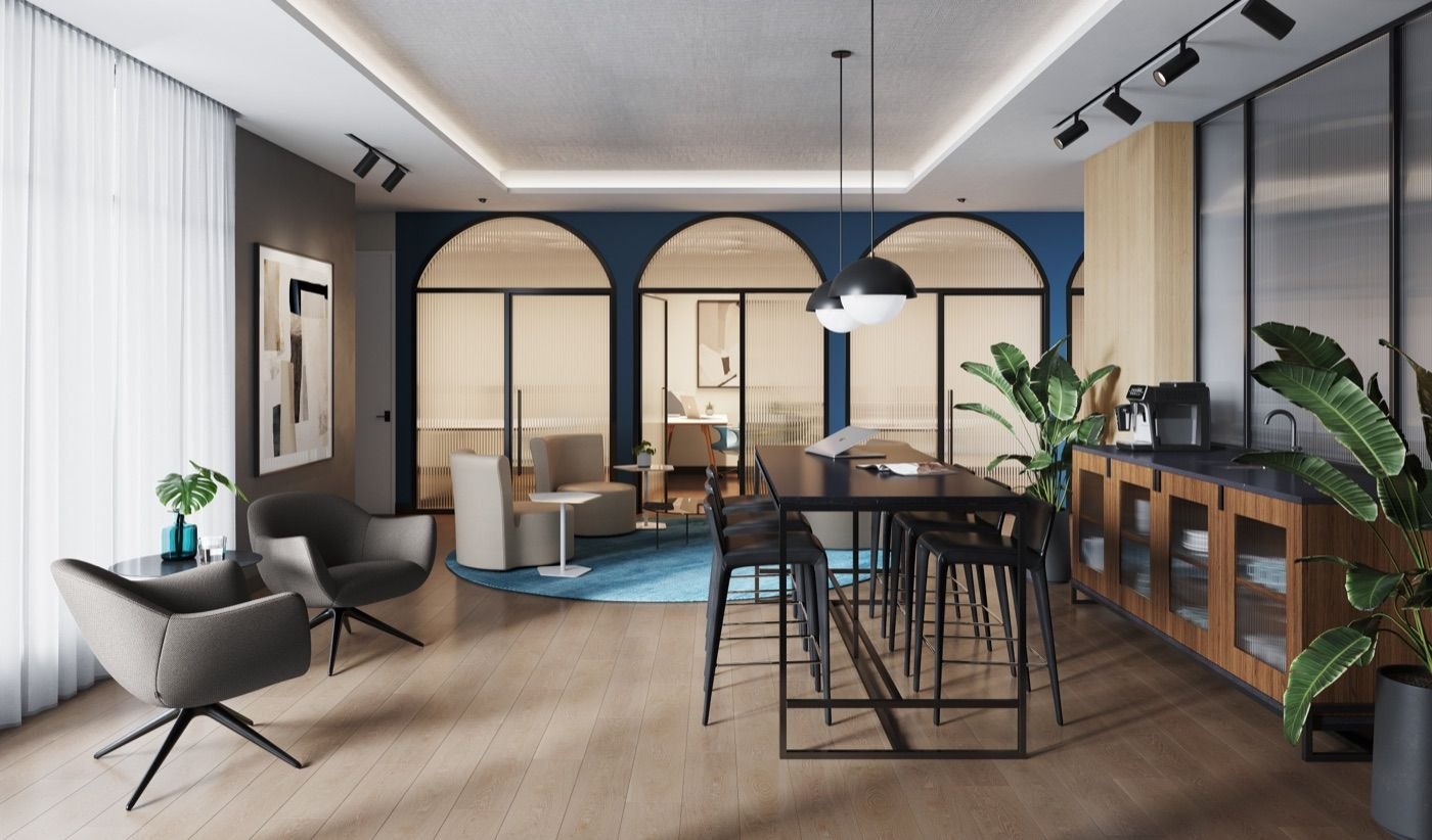 NORTHCORE co-working lounge rendering with glass meeting pods and a shared work table