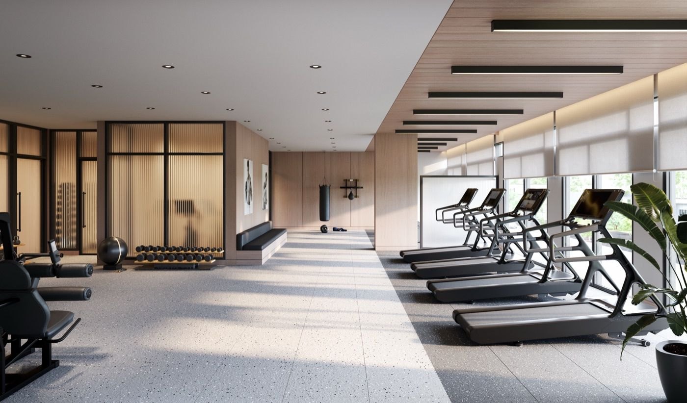 NORTHCORE fitness centre rendering with treadmills, free weights and floor-to-ceiling windows