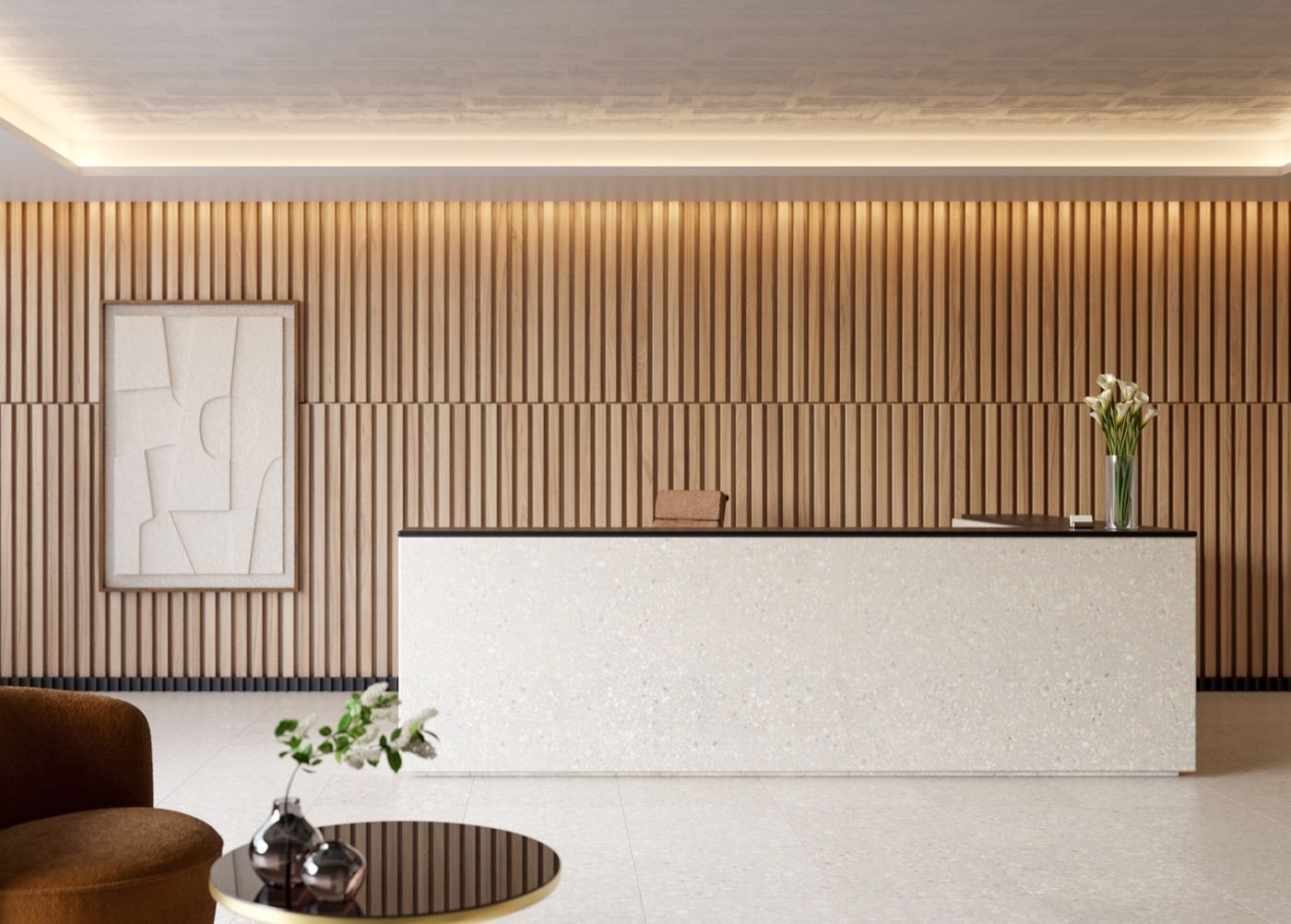 NORTHCORE lobby rendering with a wood-slat wall and terrazzo concierge desk