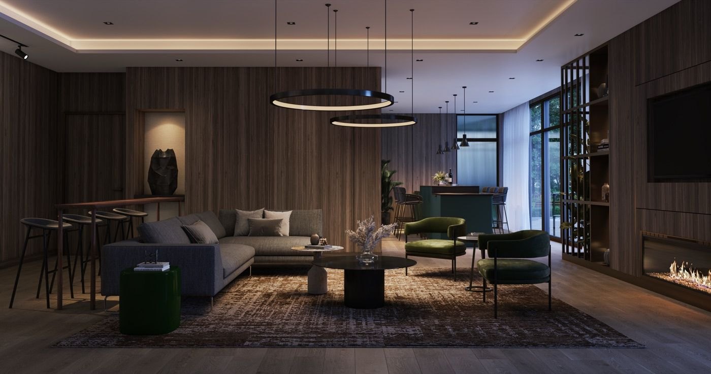 NORTHCORE social lounge rendering with a fireplace, bar seating and private dining area