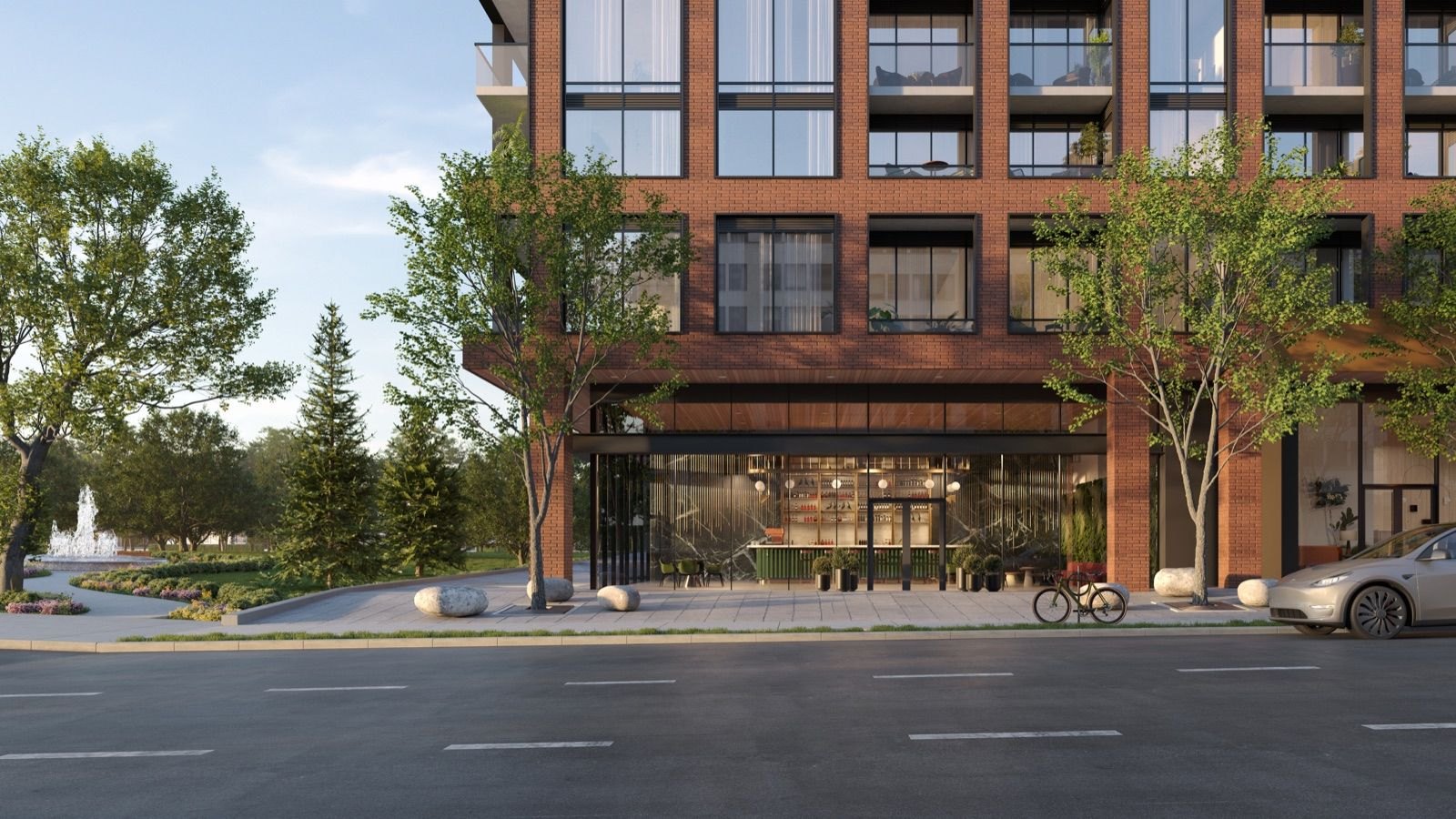 NORTHCORE streetscape rendering with ground-floor retail facing the park
